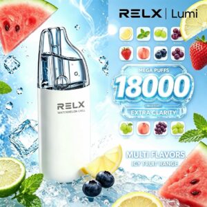 RELX Lumi 18000 Puffs可充電一次性霧化設備,Mesh網狀霧化芯,670mAh可充電電池16W功率,透明煙倉設計,高達28款冰感水果茶飲口味可選。